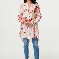 Floral Long Sleeve Longline Shirt Dress