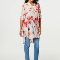 Floral Long Sleeve Longline Shirt Dress