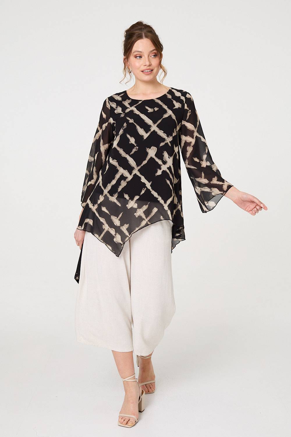 Printed Asymmetric Semi Sheer Tunic Top