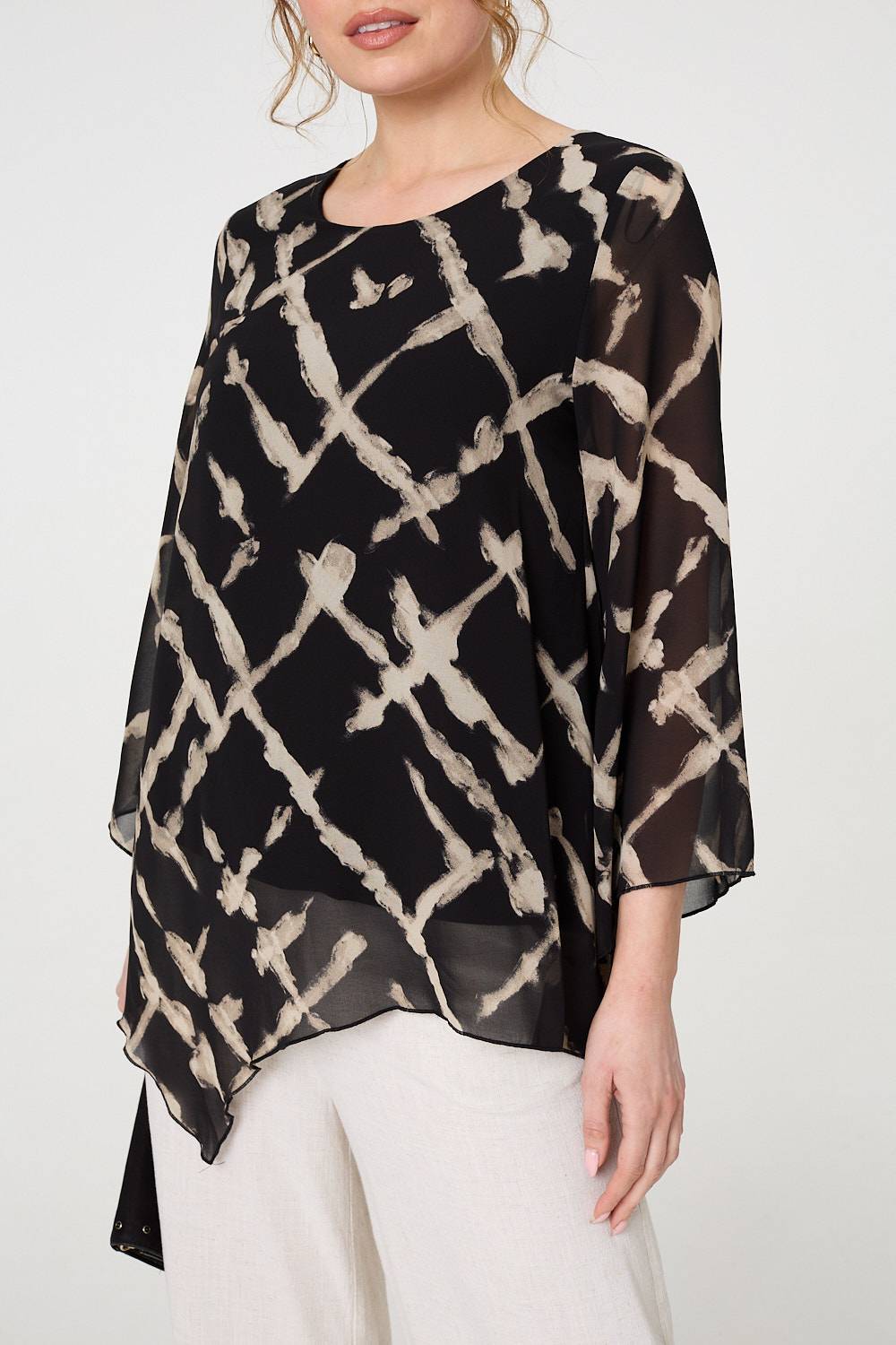 Printed Asymmetric Semi Sheer Tunic Top