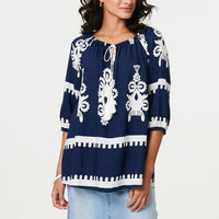 Ikat Print Tassel Tie Neck Blouse