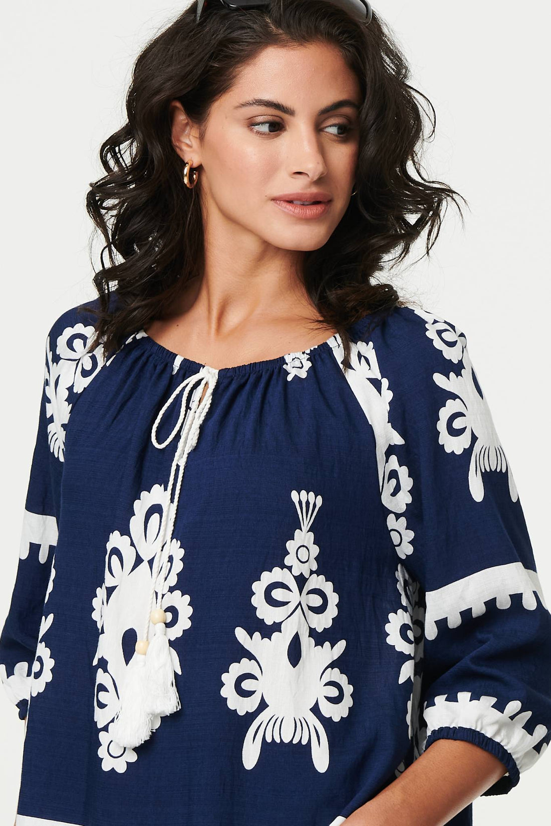 Ikat Print Tassel Tie Neck Blouse