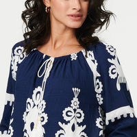 Ikat Print Tassel Tie Neck Blouse