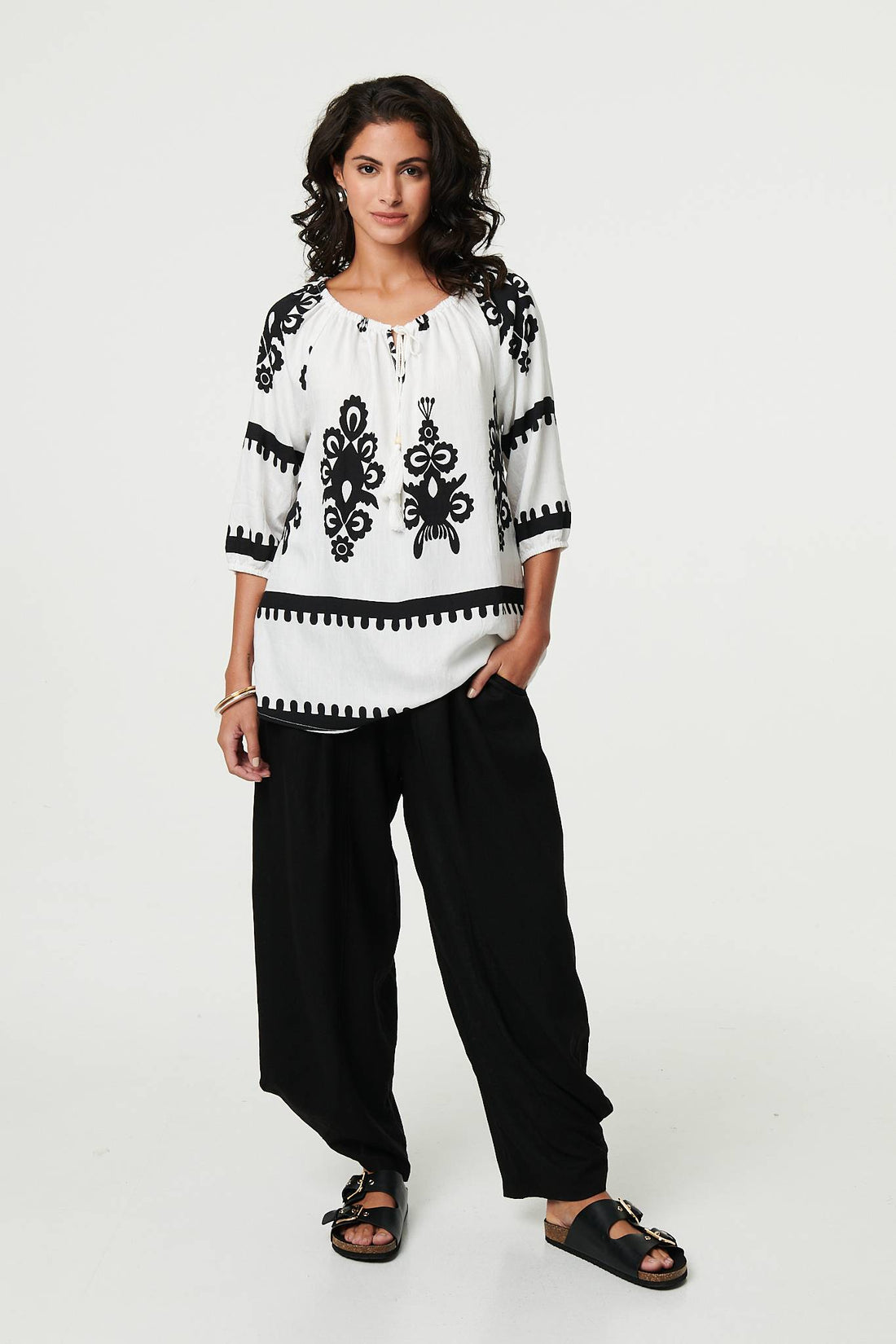 Ikat Print Tassel Tie Neck Blouse
