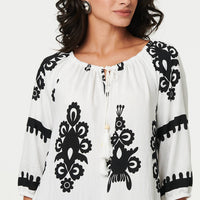Ikat Print Tassel Tie Neck Blouse