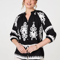 Ikat Print 3/4 Sleeve Relaxed Blouse