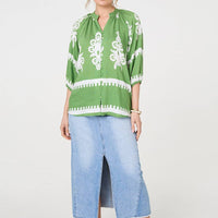 Ikat Print 3/4 Sleeve Relaxed Blouse