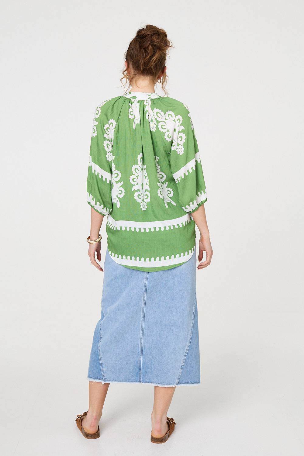 Ikat Print 3/4 Sleeve Relaxed Blouse