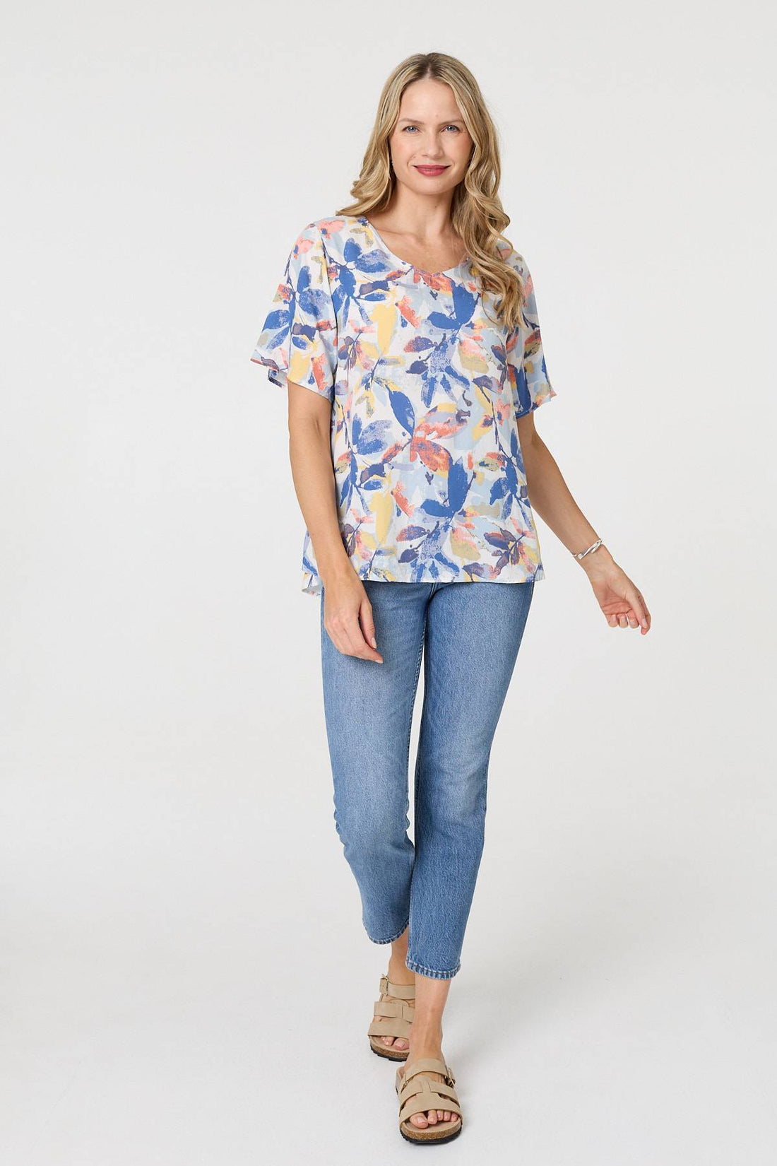 Leaf Print Relaxed Short Sleeve Blouse