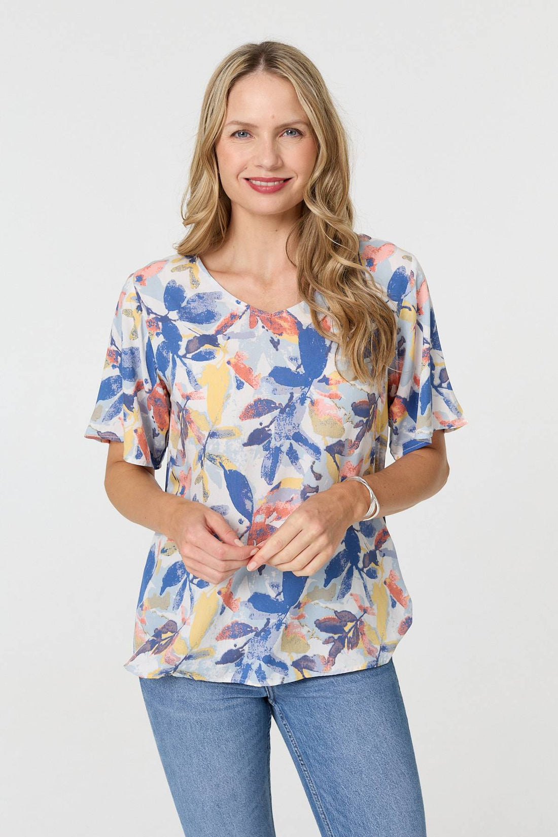 Leaf Print Relaxed Short Sleeve Blouse