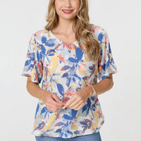 Leaf Print Relaxed Short Sleeve Blouse