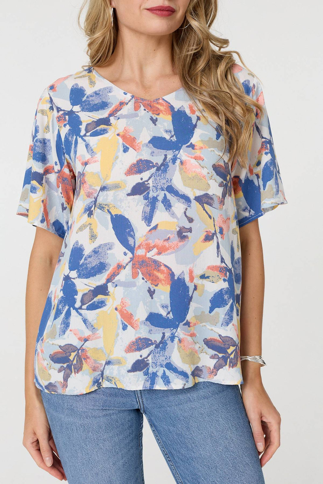 Leaf Print Relaxed Short Sleeve Blouse