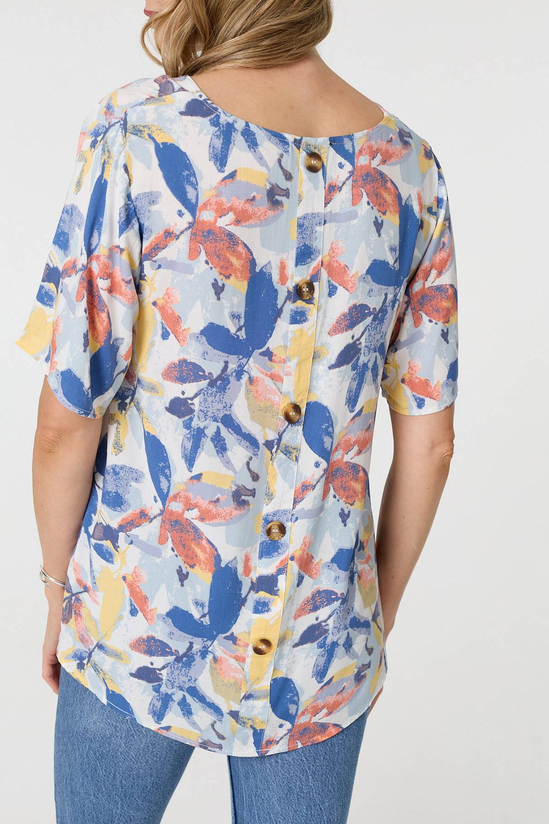 Leaf Print Relaxed Short Sleeve Blouse