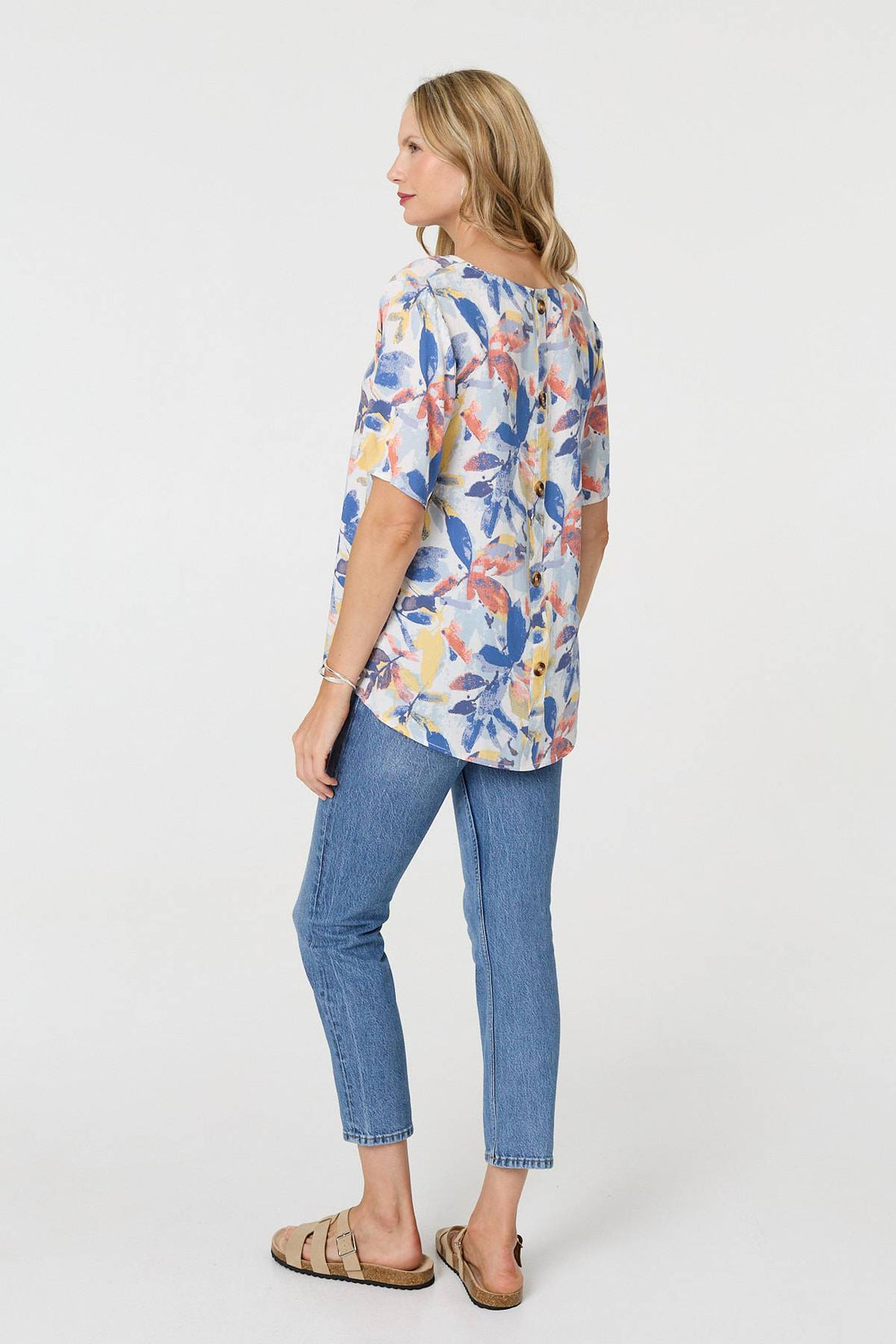 Leaf Print Relaxed Short Sleeve Blouse