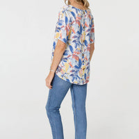 Leaf Print Relaxed Short Sleeve Blouse