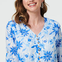 Floral Button Front Curve Hem Tunic