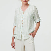 Printed Button Front Curve Hem Blouse