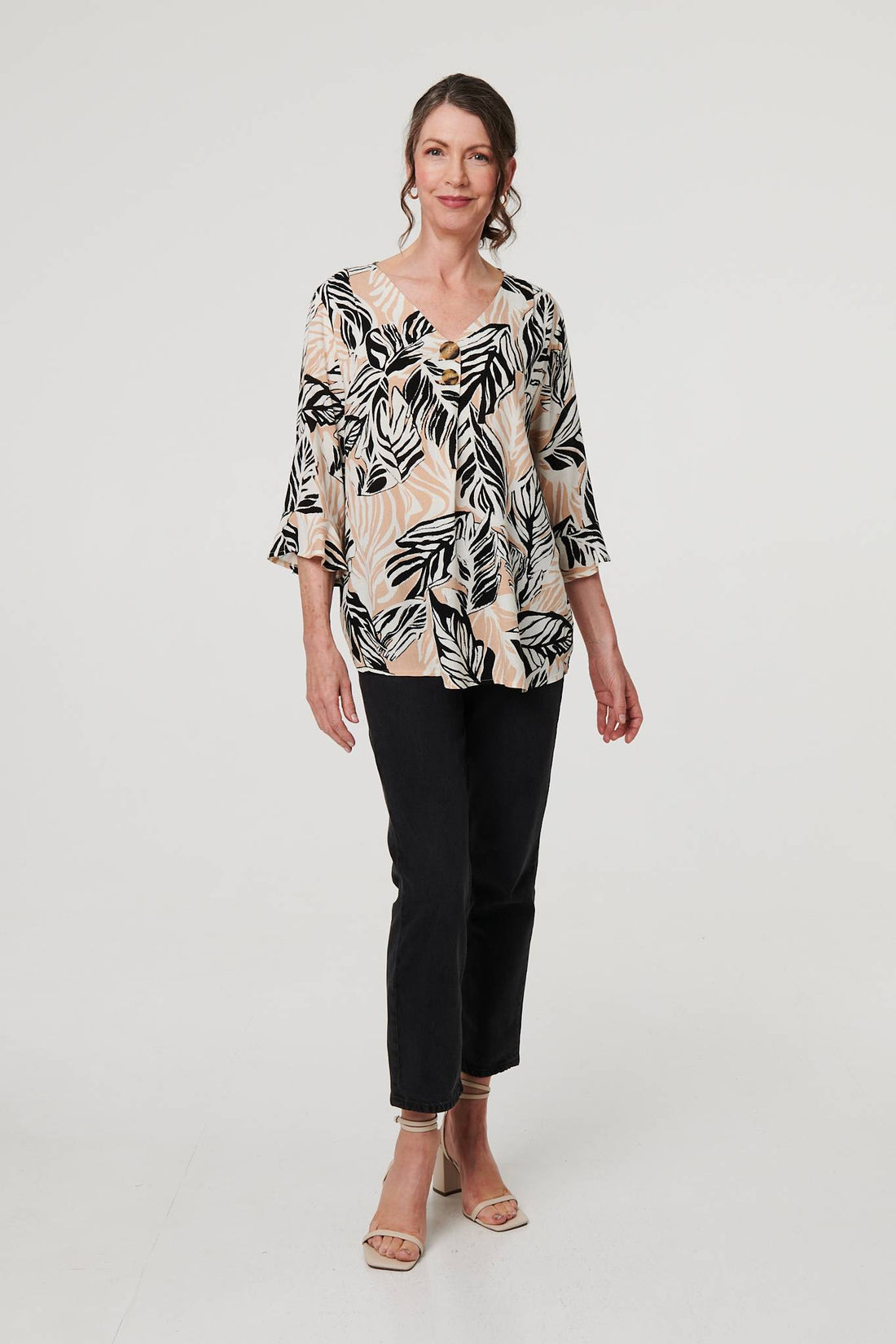 Leaf Print 3/4 Sleeve Button Trim Blouse