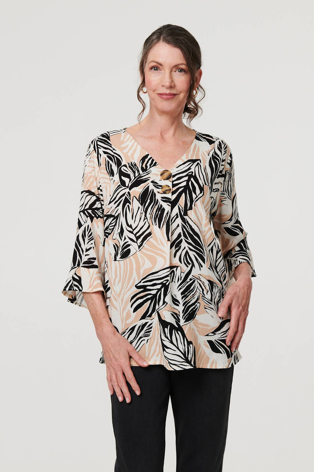 Leaf Print 3/4 Sleeve Button Trim Blouse