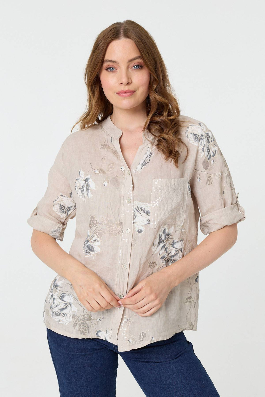 Floral 3/4 Turn-Up Sleeve Blouse