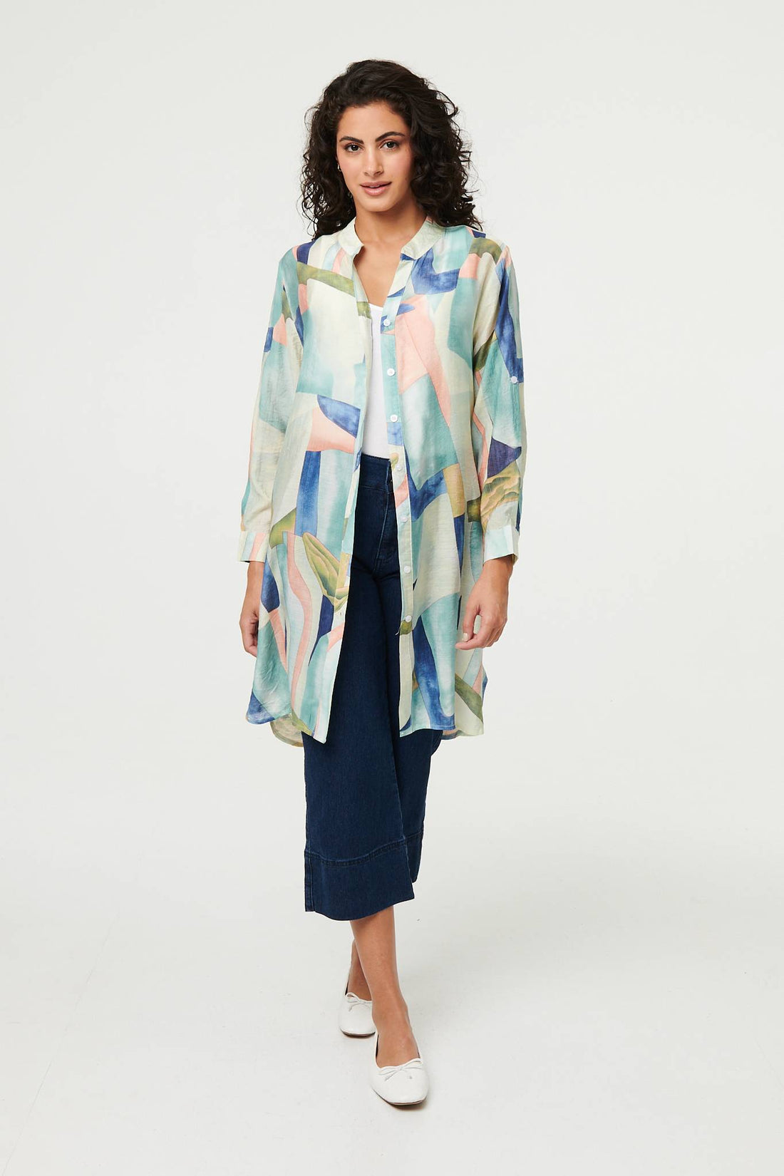 Abstract 3/4 Sleeve Short Shirt Dress
