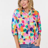 Abstract 3/4 Sleeve Curve Hem Blouse