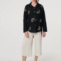 Embroidered 3/4 Turn-Up Sleeve Shirt