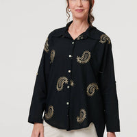 Embroidered 3/4 Turn-Up Sleeve Shirt