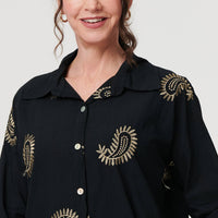 Embroidered 3/4 Turn-Up Sleeve Shirt