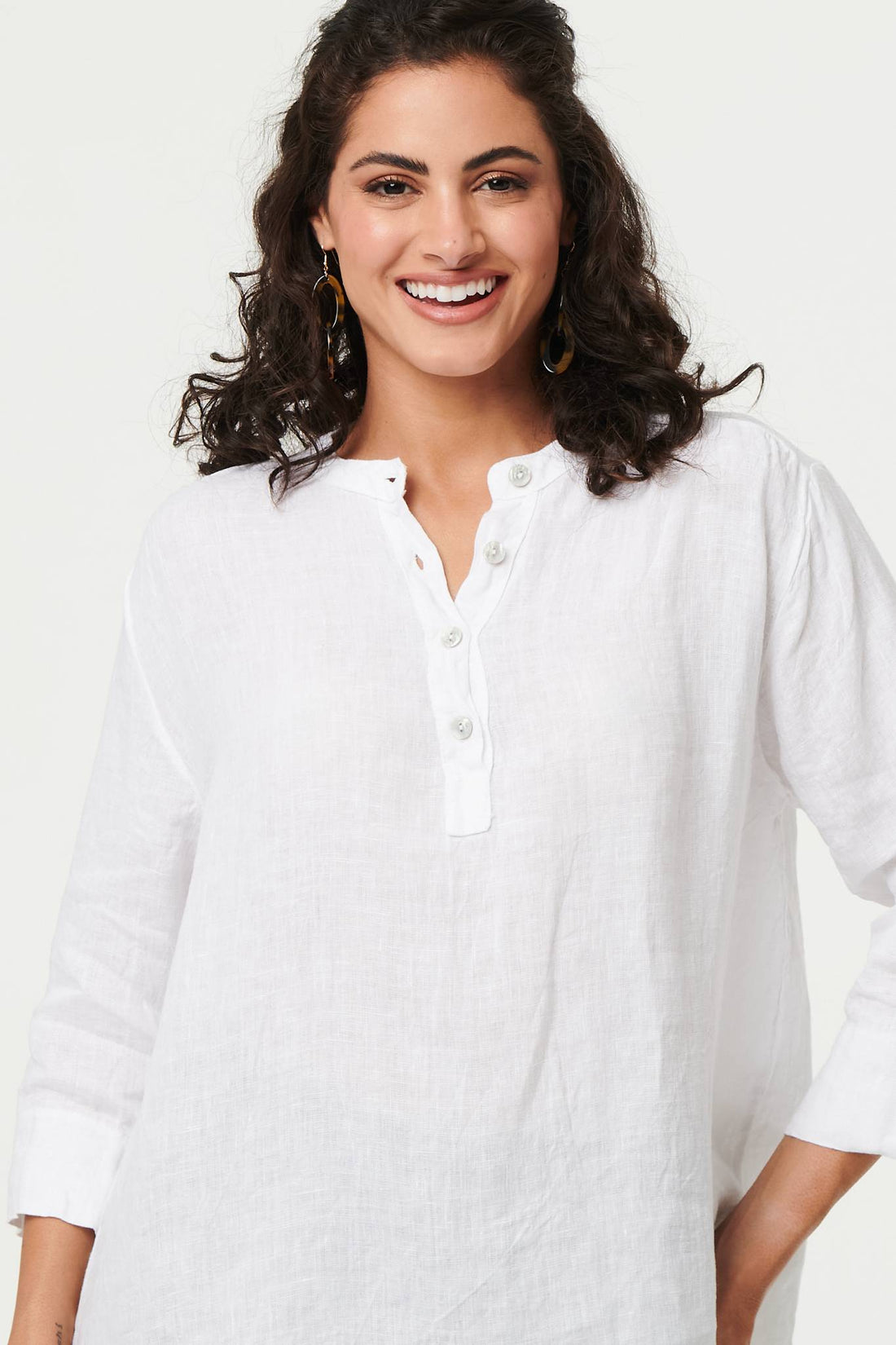 Relaxed 3/4 Sleeve Button Neck Blouse