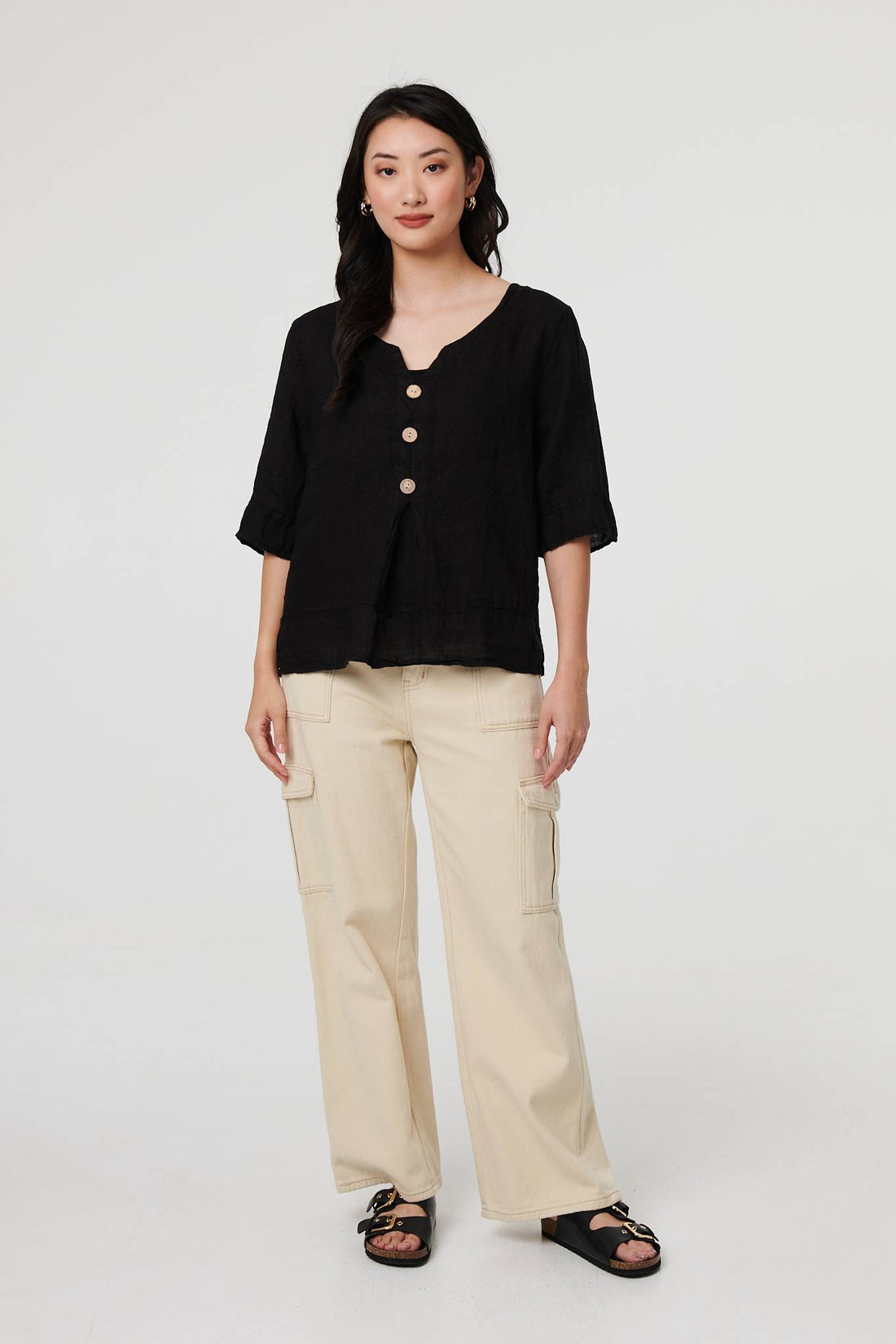 Button Detail 3/4 Sleeve Relaxed Blouse