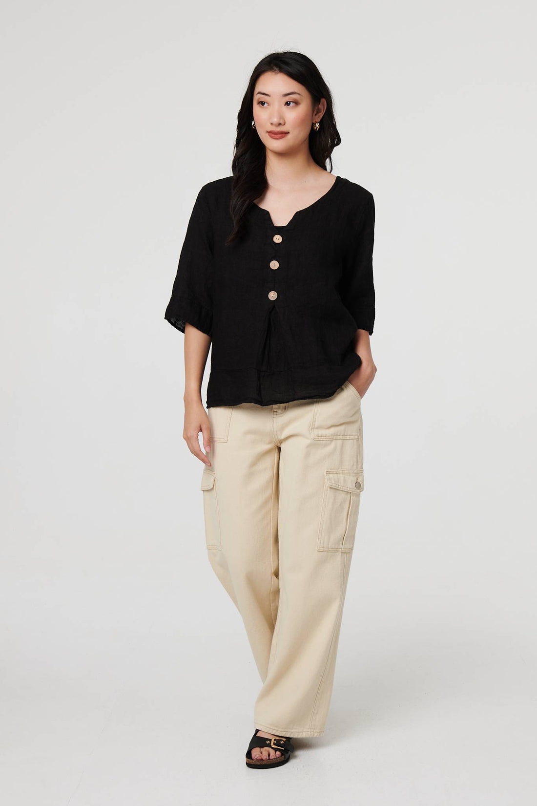 Button Detail 3/4 Sleeve Relaxed Blouse