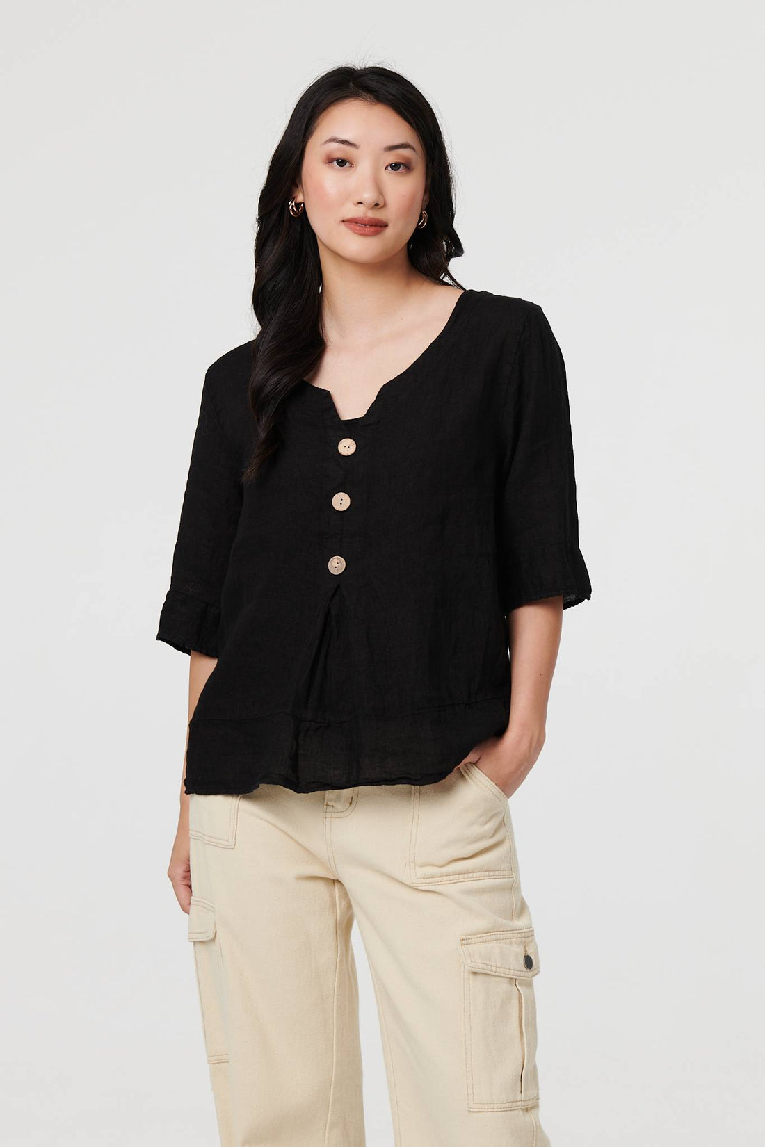 Button Detail 3/4 Sleeve Relaxed Blouse