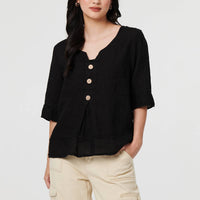 Button Detail 3/4 Sleeve Relaxed Blouse
