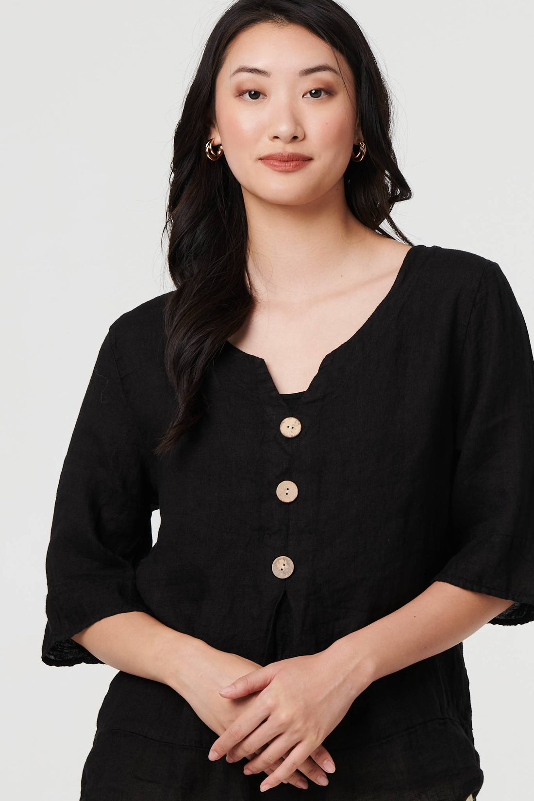 Button Detail 3/4 Sleeve Relaxed Blouse