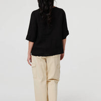 Button Detail 3/4 Sleeve Relaxed Blouse