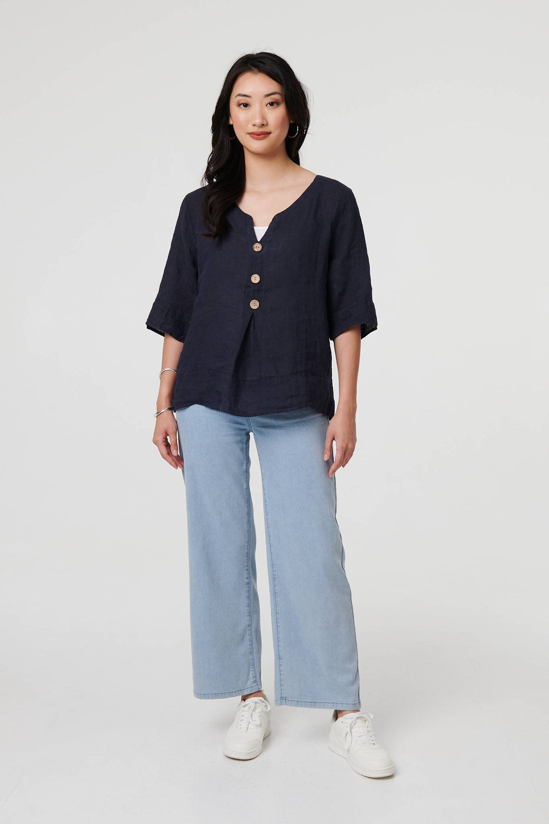 Button Detail 3/4 Sleeve Relaxed Blouse
