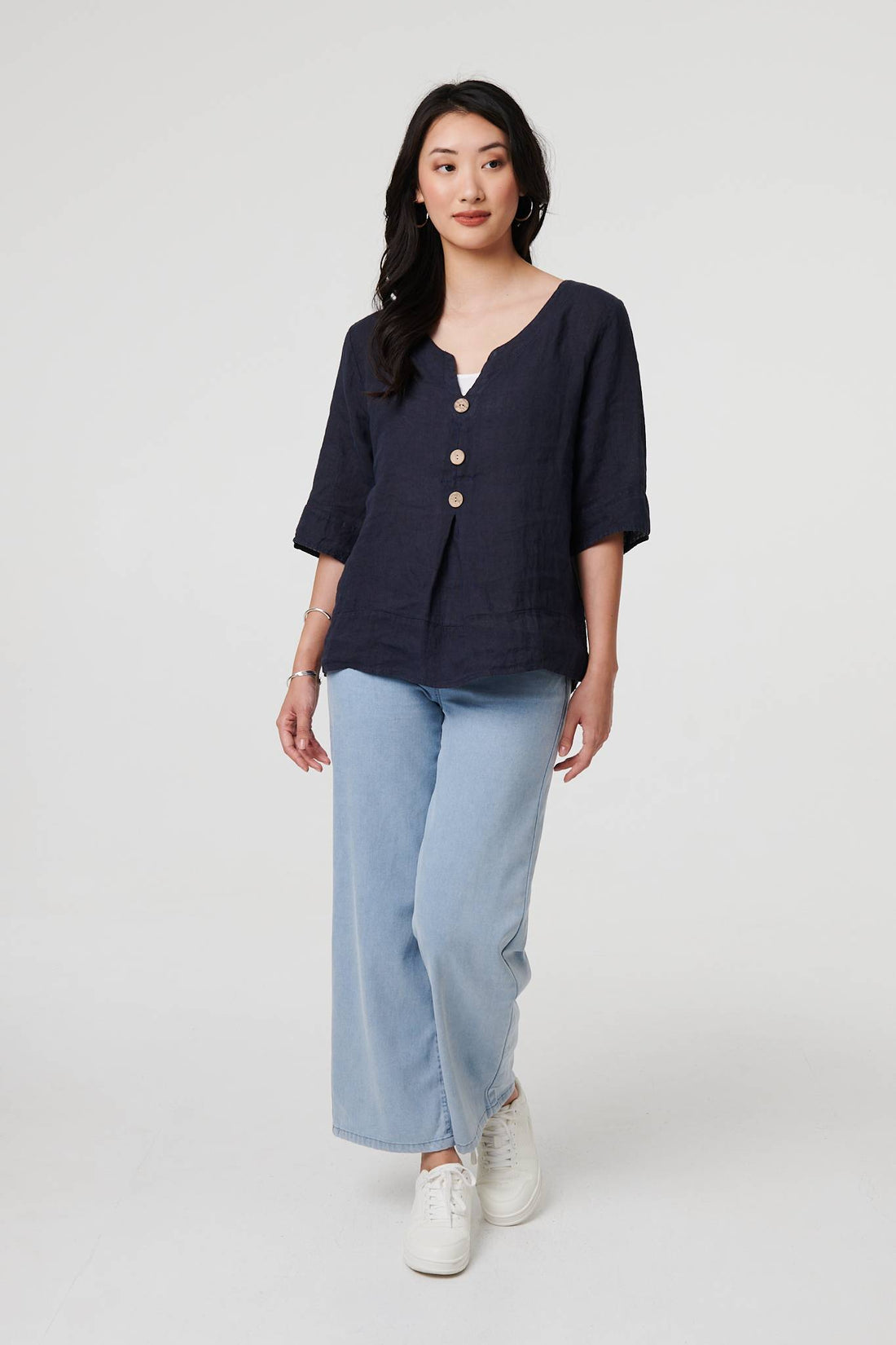 Button Detail 3/4 Sleeve Relaxed Blouse