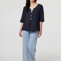Button Detail 3/4 Sleeve Relaxed Blouse