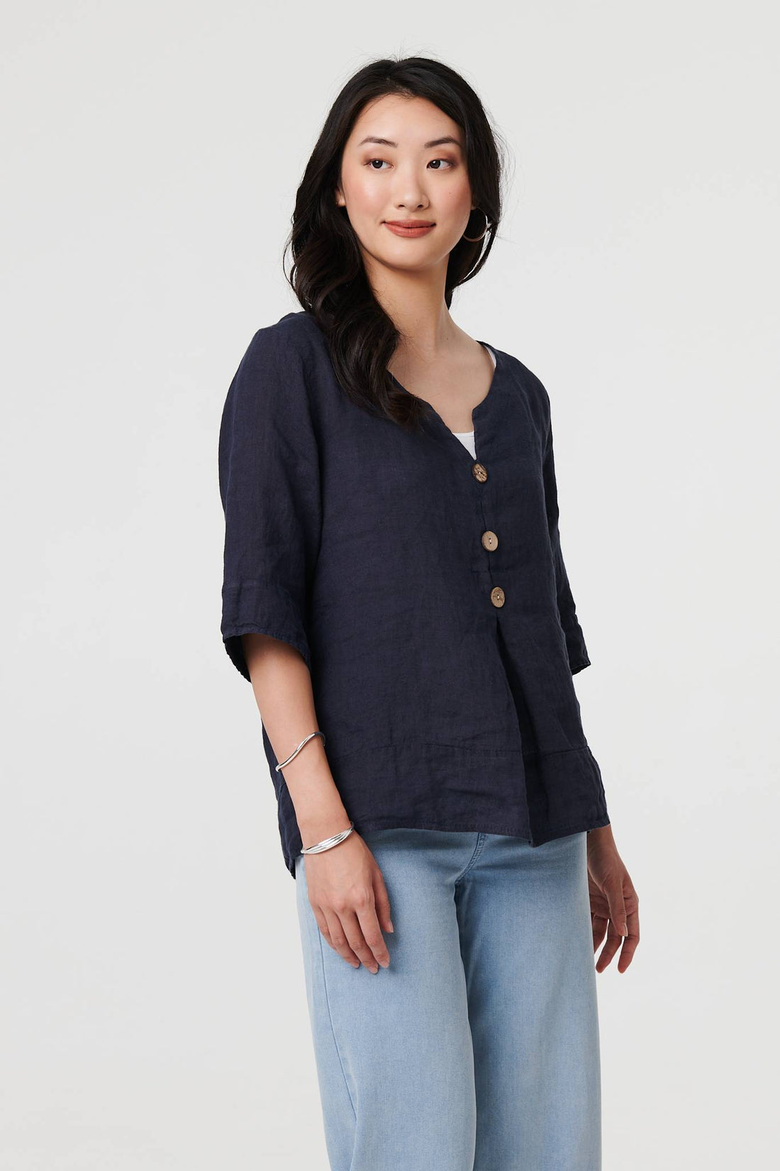 Button Detail 3/4 Sleeve Relaxed Blouse