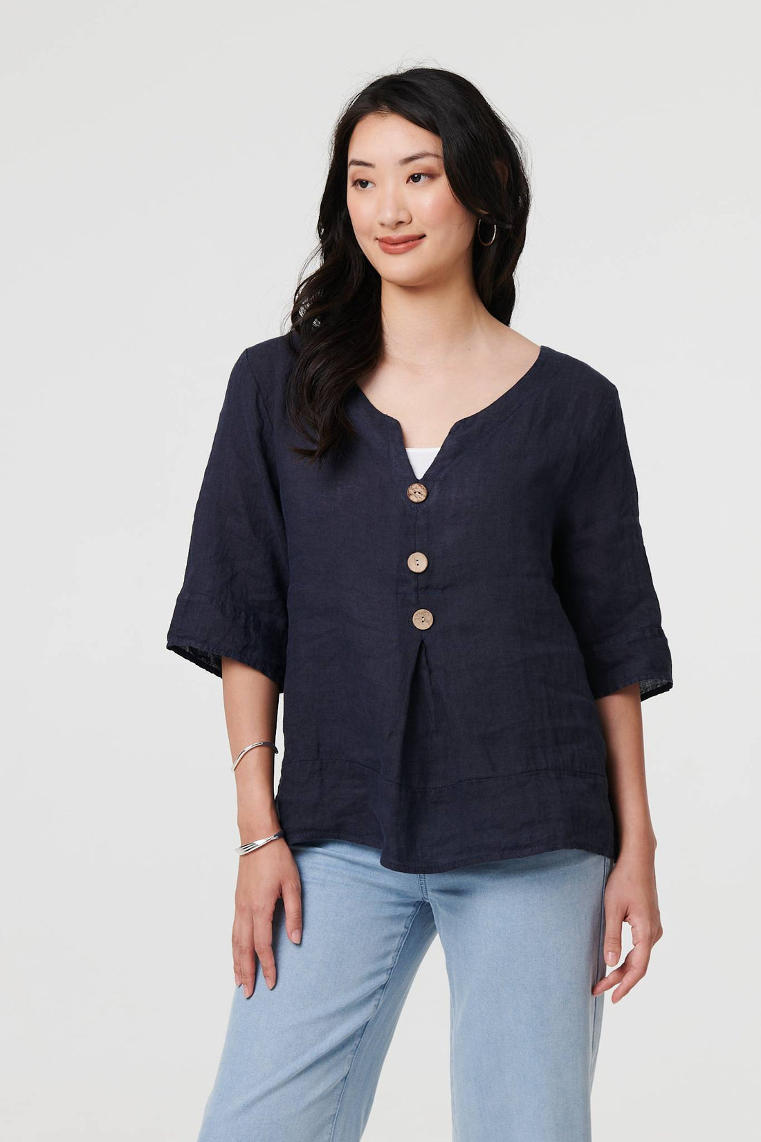 Button Detail 3/4 Sleeve Relaxed Blouse