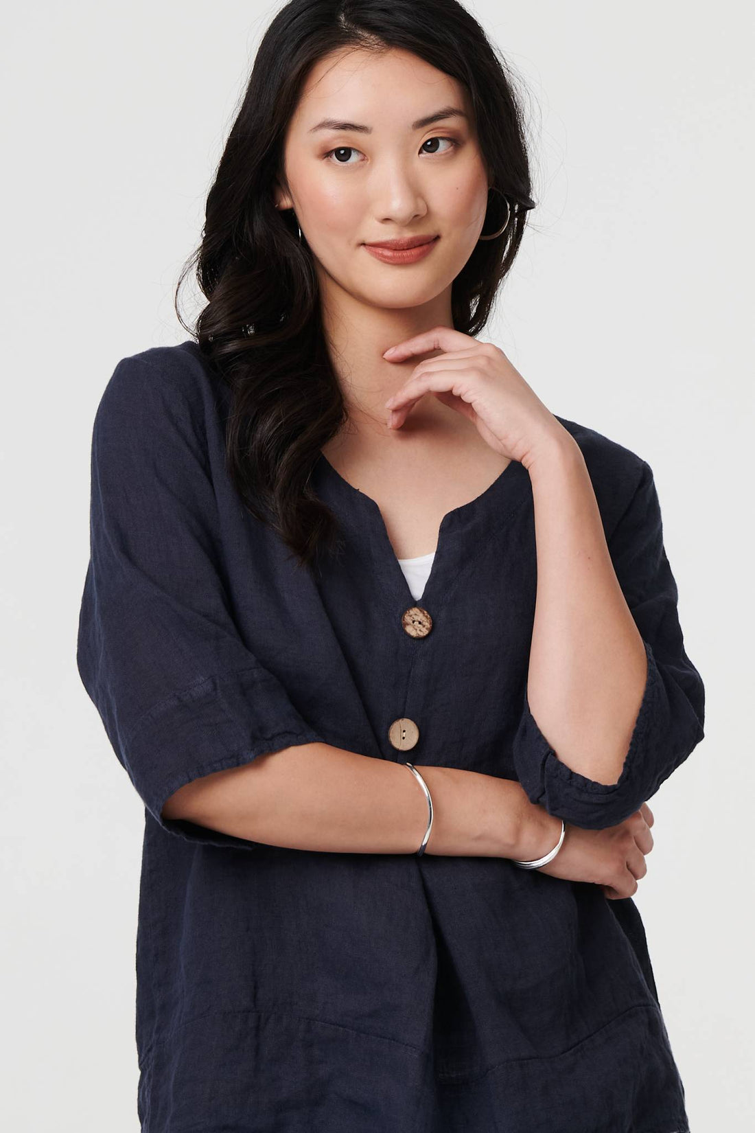 Button Detail 3/4 Sleeve Relaxed Blouse