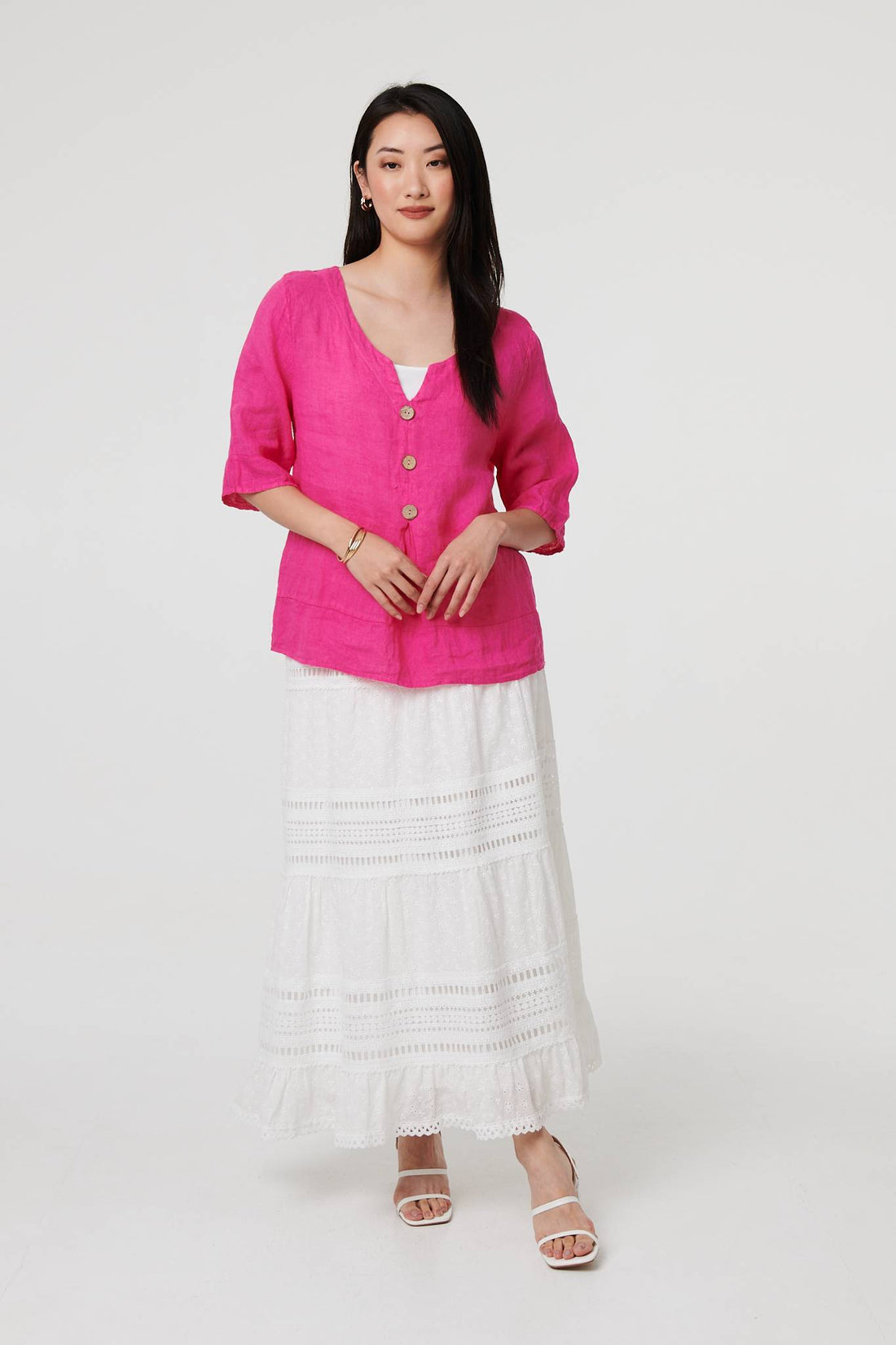 Button Detail 3/4 Sleeve Relaxed Blouse