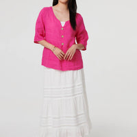 Button Detail 3/4 Sleeve Relaxed Blouse