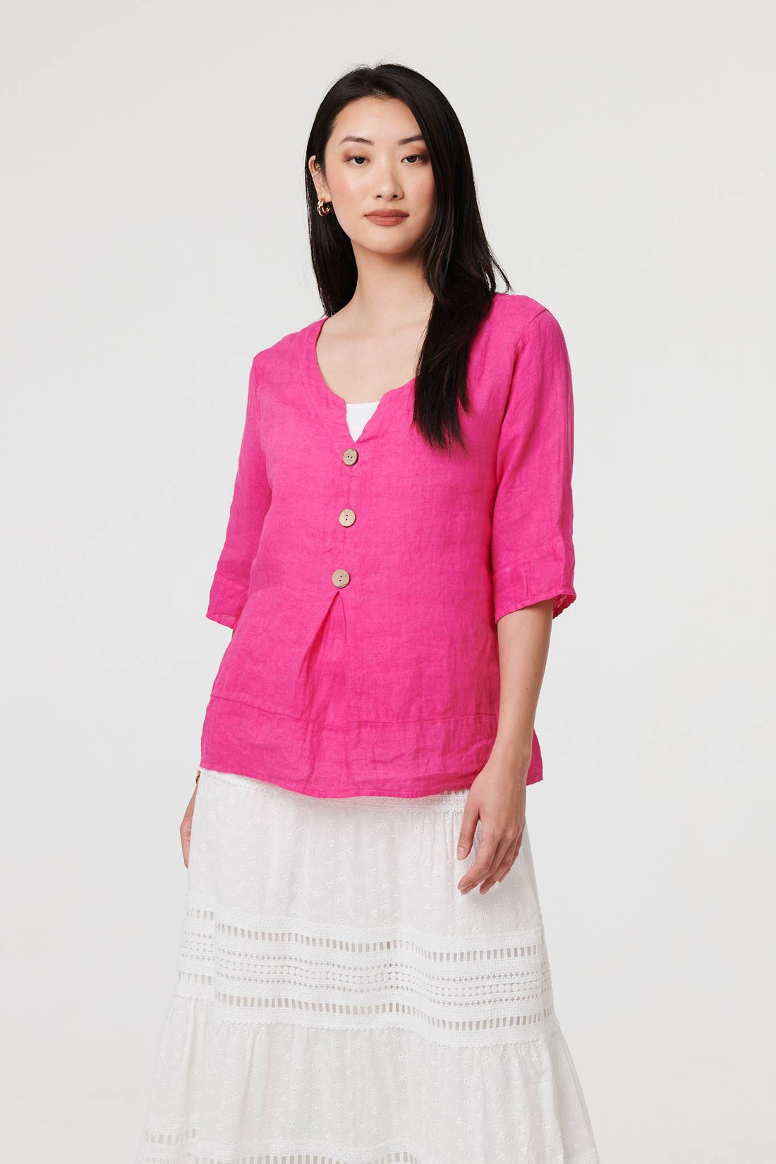 Button Detail 3/4 Sleeve Relaxed Blouse