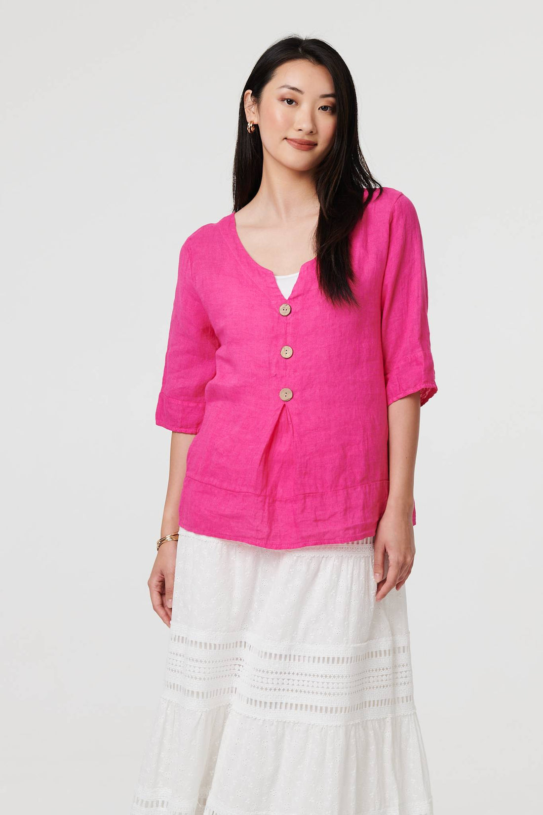 Button Detail 3/4 Sleeve Relaxed Blouse