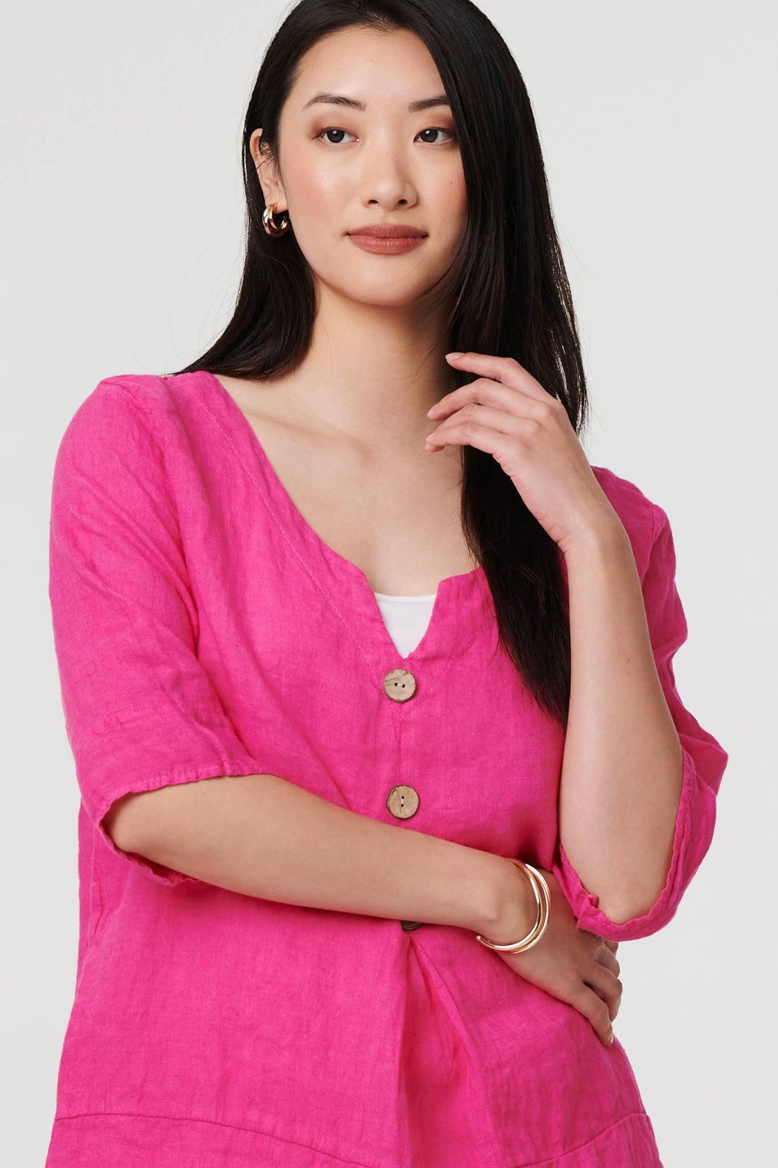 Button Detail 3/4 Sleeve Relaxed Blouse