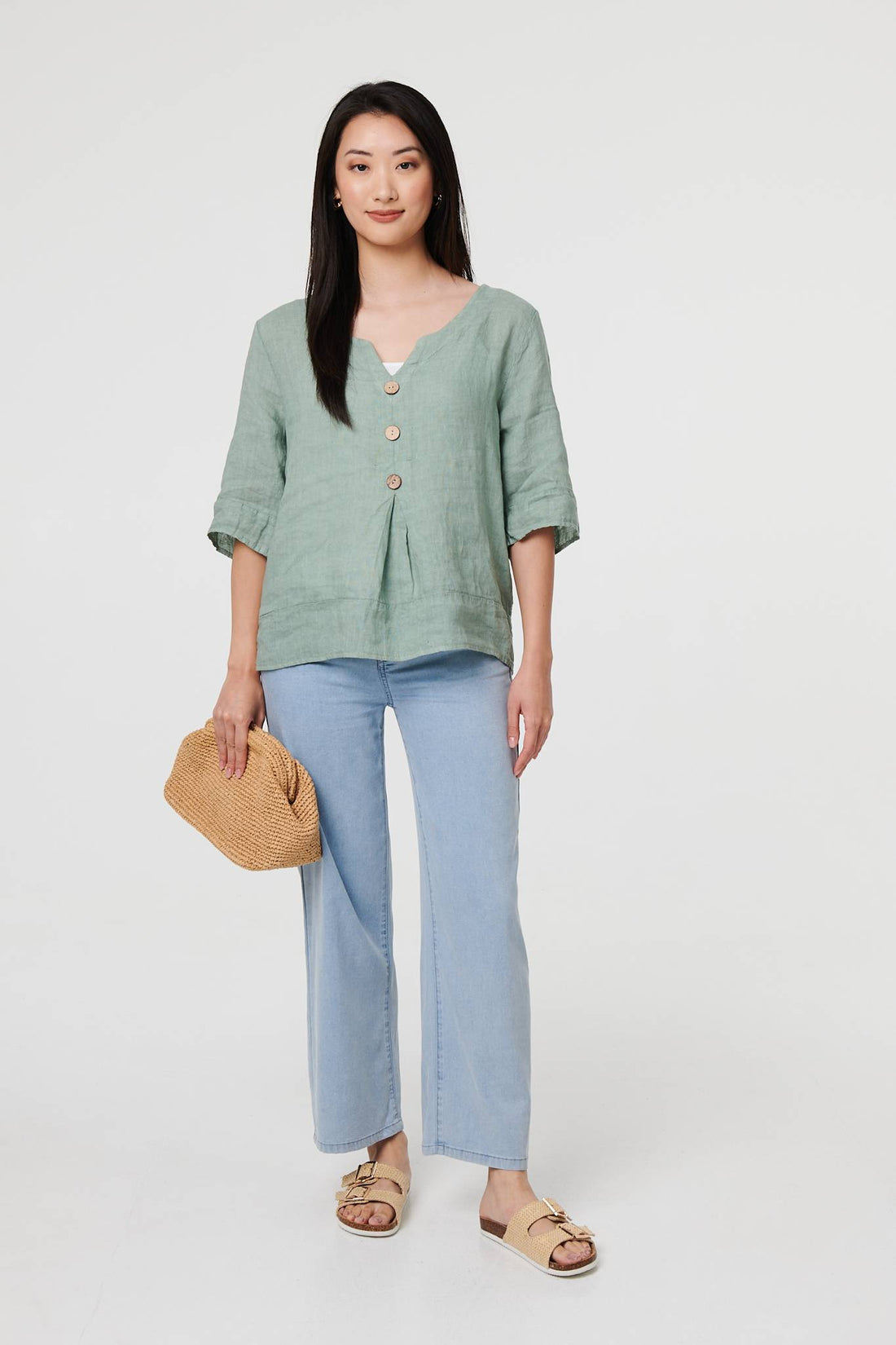 Button Detail 3/4 Sleeve Relaxed Blouse