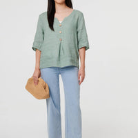 Button Detail 3/4 Sleeve Relaxed Blouse