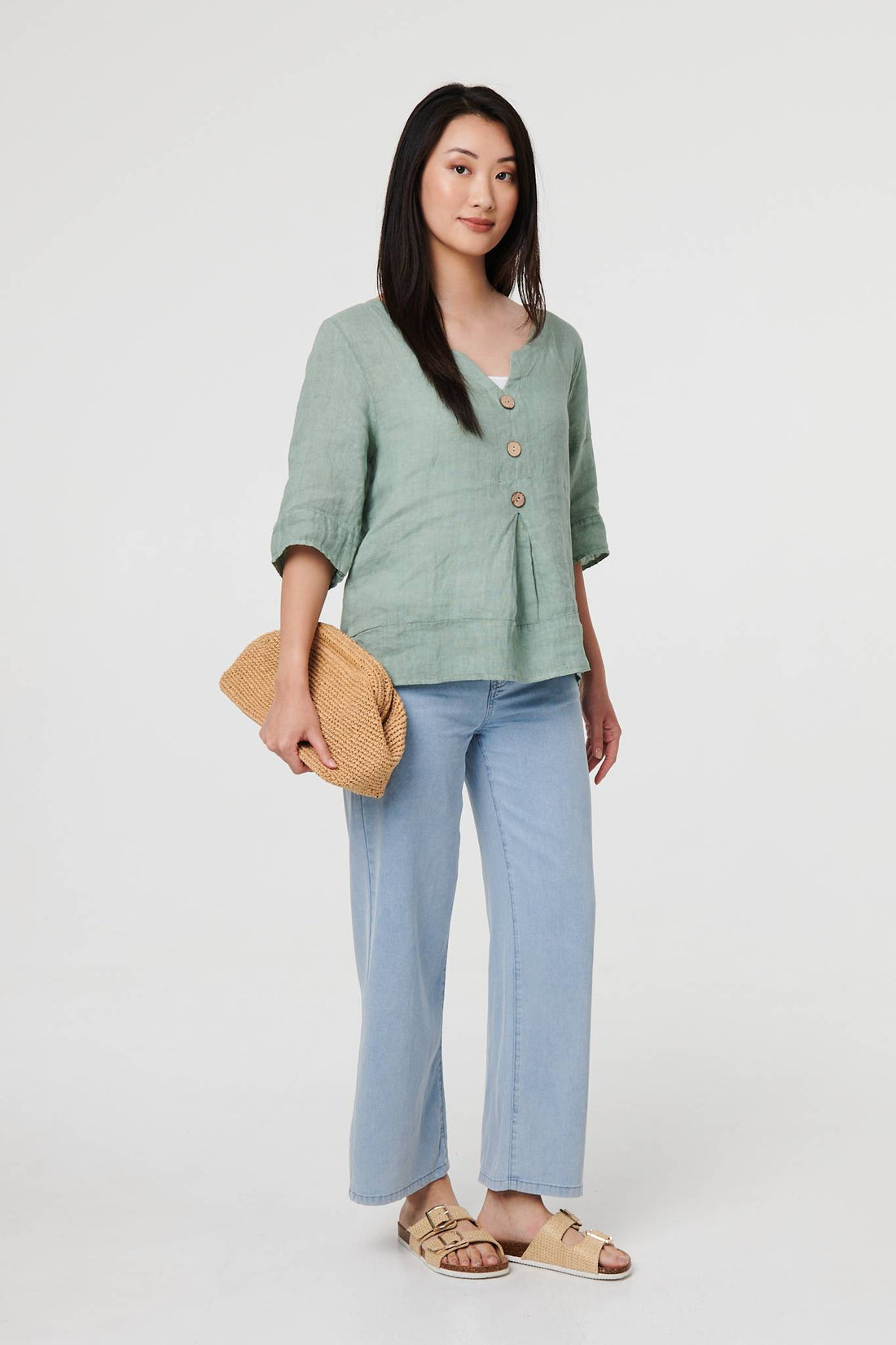 Button Detail 3/4 Sleeve Relaxed Blouse